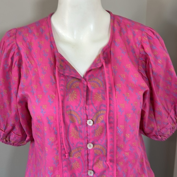 Cleobella Amari Blouse Ditzy Mix Block Print Pink Organic Cotton Balloon Sleeve - Picture 3 of 12